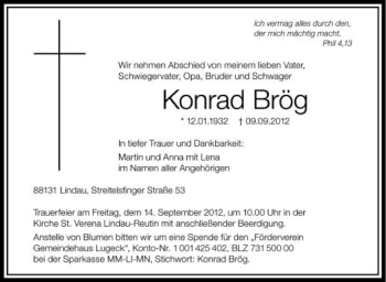 Anzeige von Konrad Brög von Schwäbische Zeitung