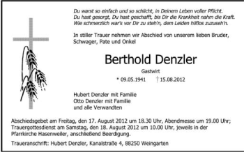 Anzeige von Berthold Denzler von Schwäbische Zeitung