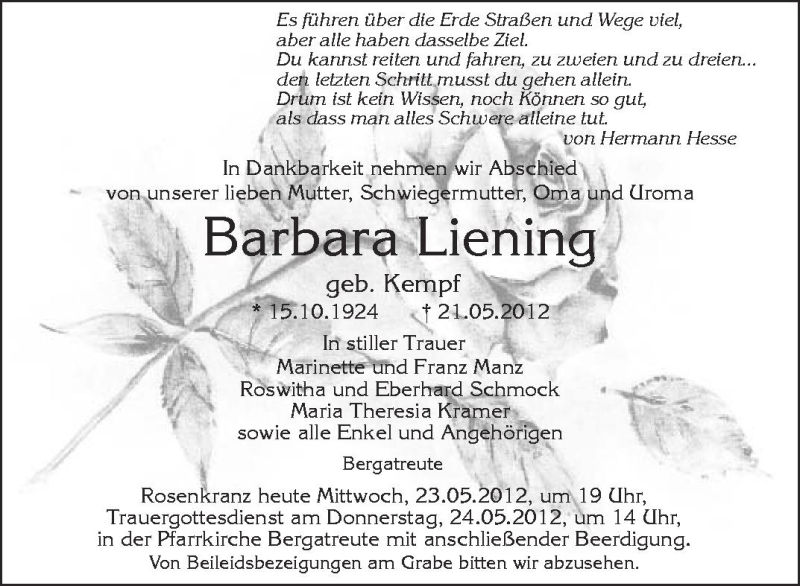  Traueranzeige für Barbara Liening vom 23.05.2012 aus Schwäbische Zeitung