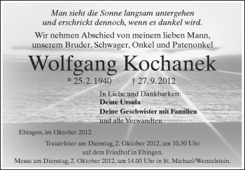 Anzeige von Wolfgang Kochanek von Schwäbische Zeitung