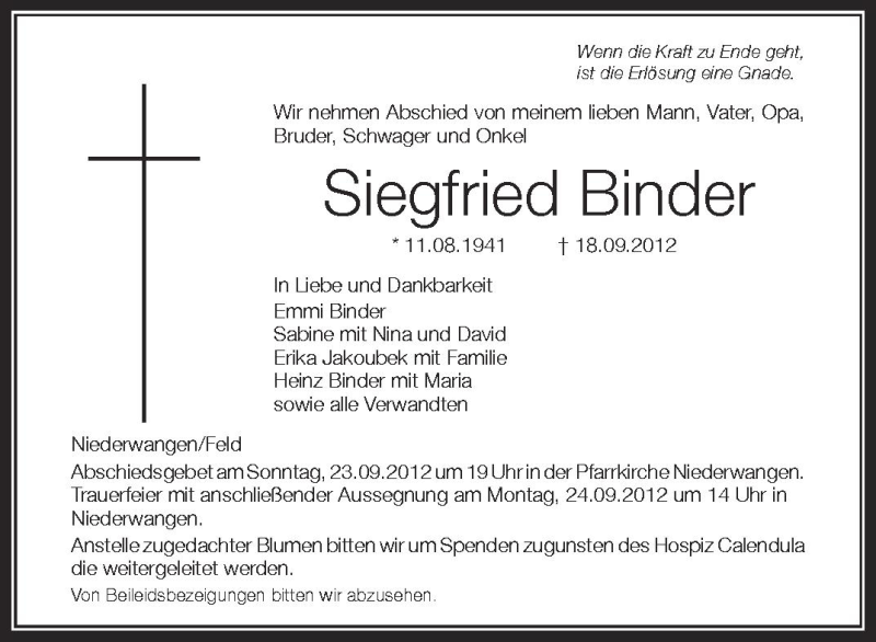  Traueranzeige für Siegfried Binder vom 22.09.2012 aus Schwäbische Zeitung