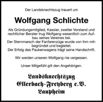Anzeige von Wolfgang Schlichte von Schwäbische Zeitung