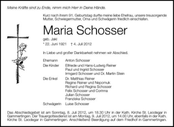 Anzeige von Maria Schosser von Schwäbische Zeitung