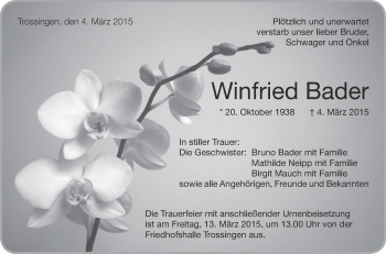 Anzeige von Winfried Bader von Schwäbische Zeitung