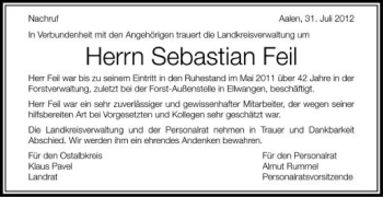 Anzeige von Sebastian Feil von Schwäbische Zeitung