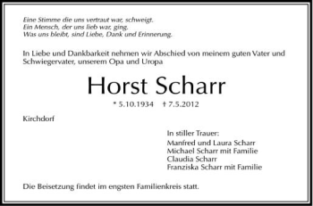 Anzeige von Horst Scharr von Schwäbische Zeitung