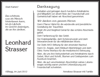 Anzeige von Leonhard Strasser von Schwäbische Zeitung