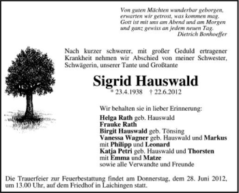 Anzeige von Sigrid Hauswald von Schwäbische Zeitung