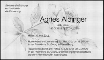 Anzeige von Agnes Aldinger von Schwäbische Zeitung