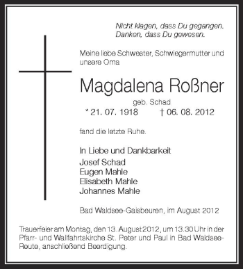 Anzeige von Magdalena Roßner von Schwäbische Zeitung