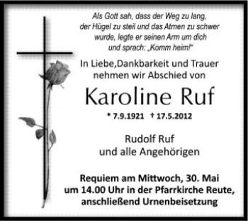 Anzeige von Karonline Ruf von Schwäbische Zeitung