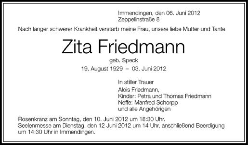  Traueranzeige für Zita Friedmann vom 09.06.2012 aus Schwäbische Zeitung