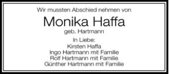 Anzeige von Monika Haffa von Schwäbische Zeitung