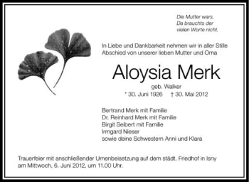 Anzeige von Aloysia Merk von Schwäbische Zeitung