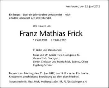 Anzeige von Franz Mathias Frick  von Schwäbische Zeitung