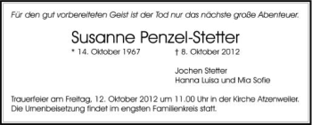 Anzeige von Susanne Penzel-Stetter von Schwäbische Zeitung