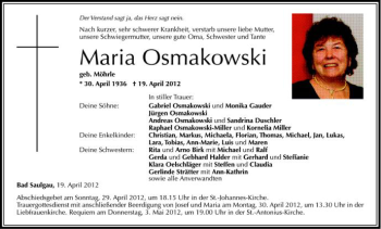 Anzeige von Maria Osmakowski von Schwäbische Zeitung