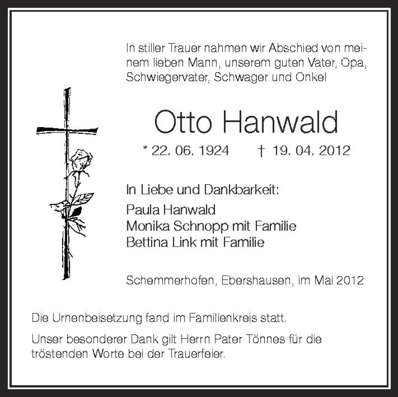  Traueranzeige für Otto Hanwald vom 12.05.2012 aus Schwäbische Zeitung