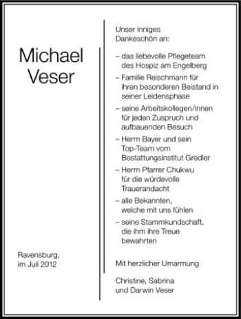 Anzeige von Michael Veser von Schwäbische Zeitung