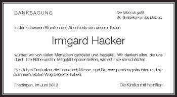 Anzeige von Irmgard  Hacker  von Schwäbische Zeitung