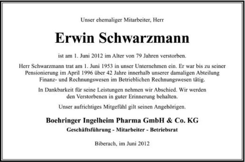 Traueranzeige für Erwin Schwarzmann vom 09.06.2012 aus Schwäbische Zeitung