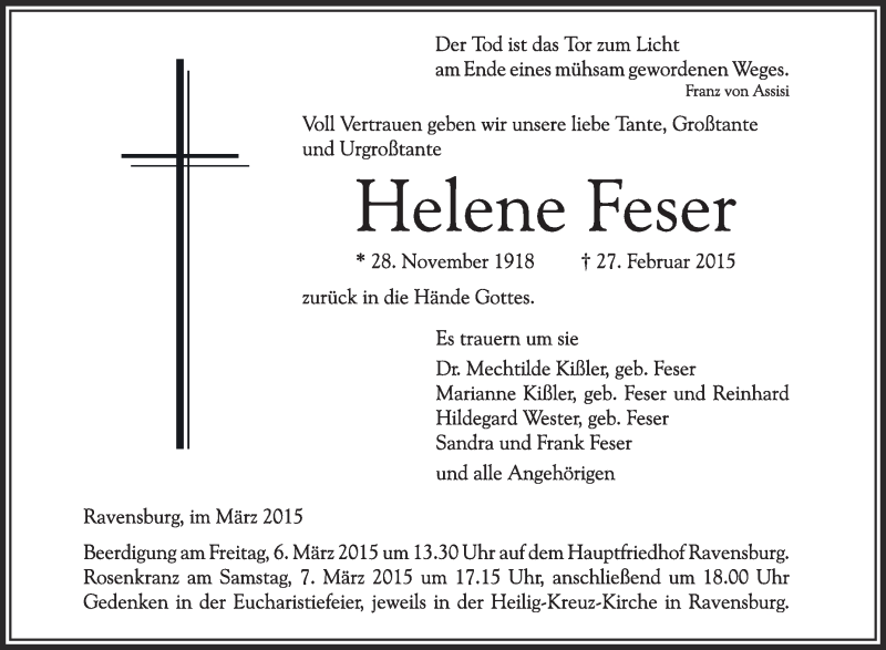  Traueranzeige für Helene Feser vom 02.03.2015 aus Schwäbische Zeitung