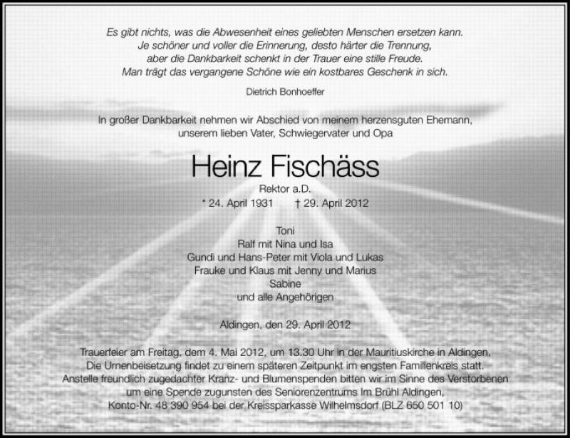  Traueranzeige für Heinz Fischäss vom 03.05.2012 aus Schwäbische Zeitung