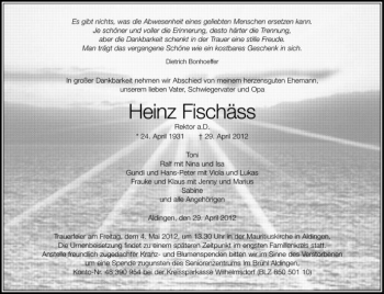Anzeige von Heinz Fischäss von Schwäbische Zeitung