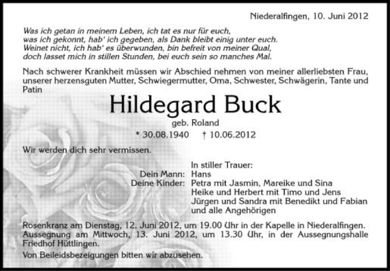  Traueranzeige für Hildegard Buck vom 11.06.2012 aus Schwäbische Zeitung