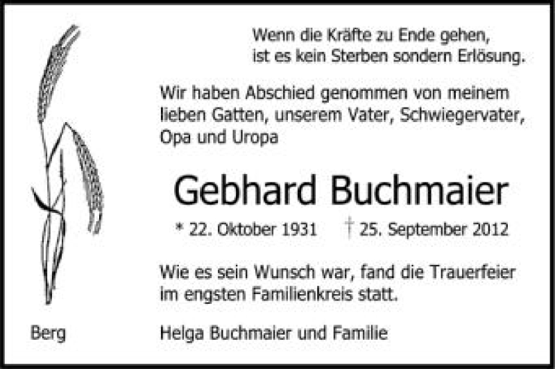  Traueranzeige für Gebhard Buchmaier vom 05.10.2012 aus Schwäbische Zeitung