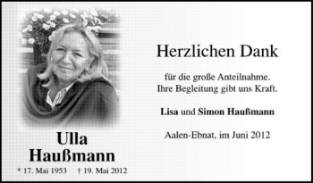 Anzeige von Ulla Haußmann von Schwäbische Zeitung
