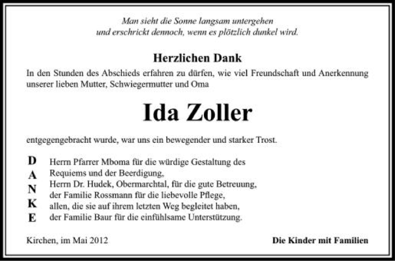  Traueranzeige für Ida Zoller vom 16.05.2012 aus Schwäbische Zeitung