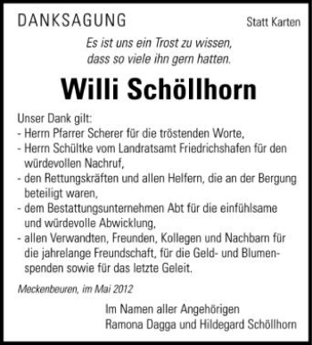 Anzeige von Willi Schöllhorn von Schwäbische Zeitung