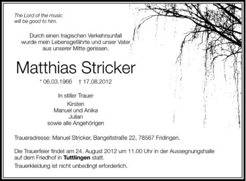  Traueranzeige für Matthias Stricker vom 22.08.2012 aus Schwäbische Zeitung