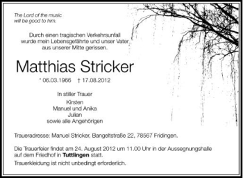 Anzeige von Matthias Stricker von Schwäbische Zeitung