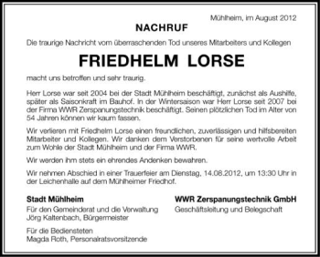 Anzeige von Friedhelm Lorse von Schwäbische Zeitung