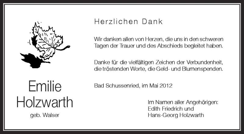  Traueranzeige für Emilie Holzwarth vom 16.05.2012 aus Schwäbische Zeitung