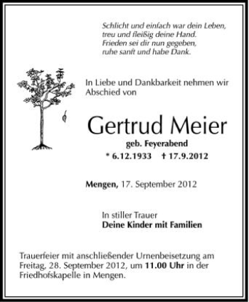 Anzeige von Gertrud Meier von Schwäbische Zeitung