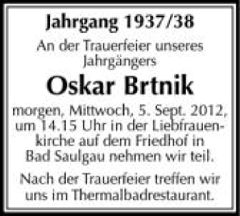 Anzeige von Oskar Brtnik von Schwäbische Zeitung