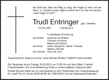 Anzeige von Trudl Entringer von Schwäbische Zeitung