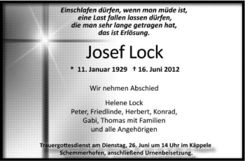 Anzeige von Josef Lock von Schwäbische Zeitung