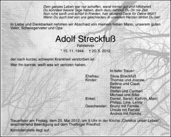 Anzeige von Adolf Streckfuß von Schwäbische Zeitung