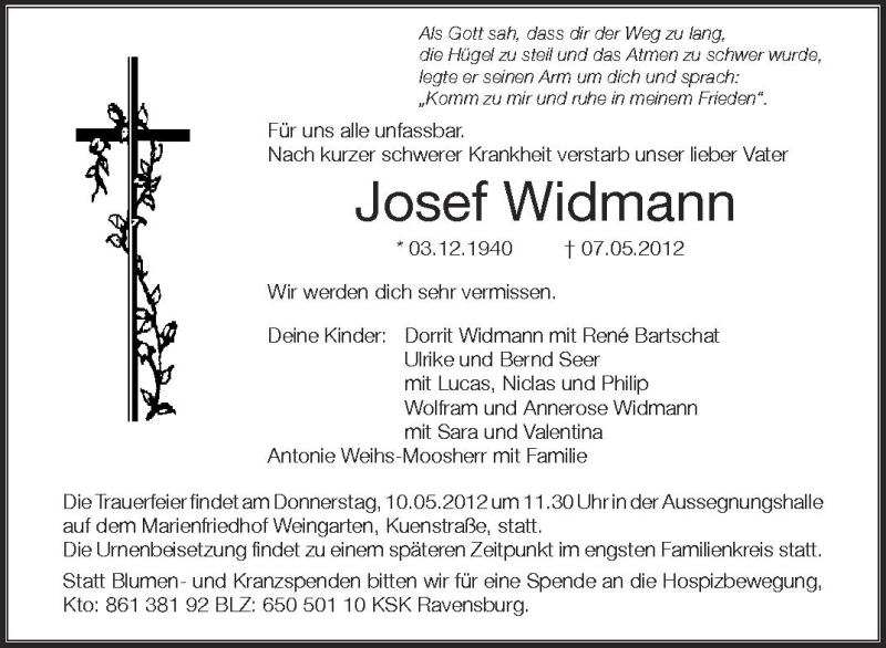  Traueranzeige für Josef Widmann vom 08.05.2012 aus Schwäbische Zeitung