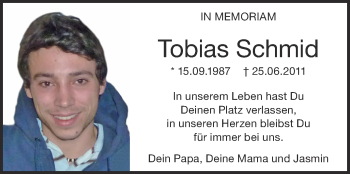Anzeige von Tobias Schmid von Schwäbische Zeitung