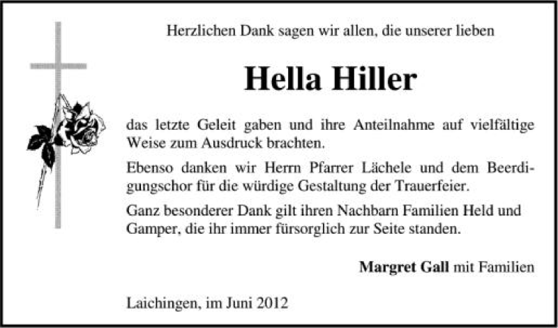  Traueranzeige für Hella Hiller vom 20.06.2012 aus Schwäbische Zeitung