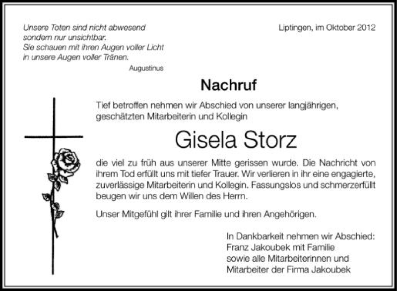  Traueranzeige für Gisela Storz vom 20.10.2012 aus Schwäbische Zeitung