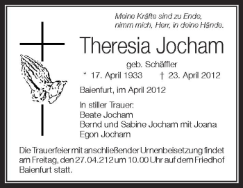 Anzeige von Theresia Jocham von Schwäbische Zeitung