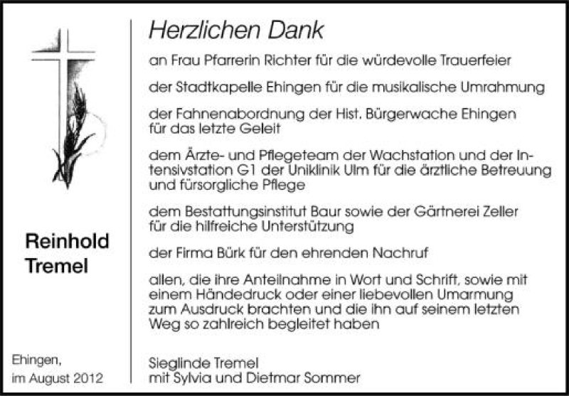  Traueranzeige für Reinhold Tremel vom 11.08.2012 aus Schwäbische Zeitung