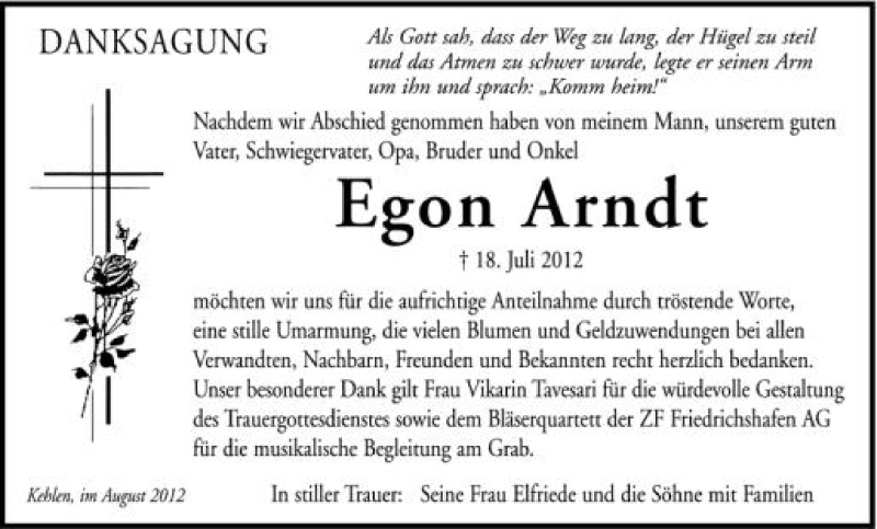  Traueranzeige für Egon Arndt vom 28.08.2012 aus Schwäbische Zeitung