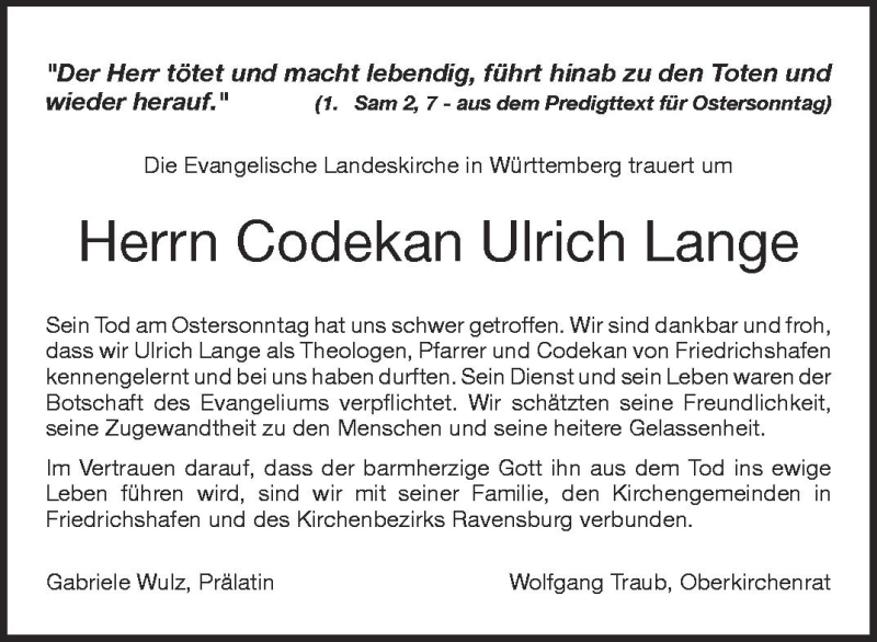  Traueranzeige für Codekan Ulirch Lange vom 11.04.2012 aus Schwäbische Zeitung